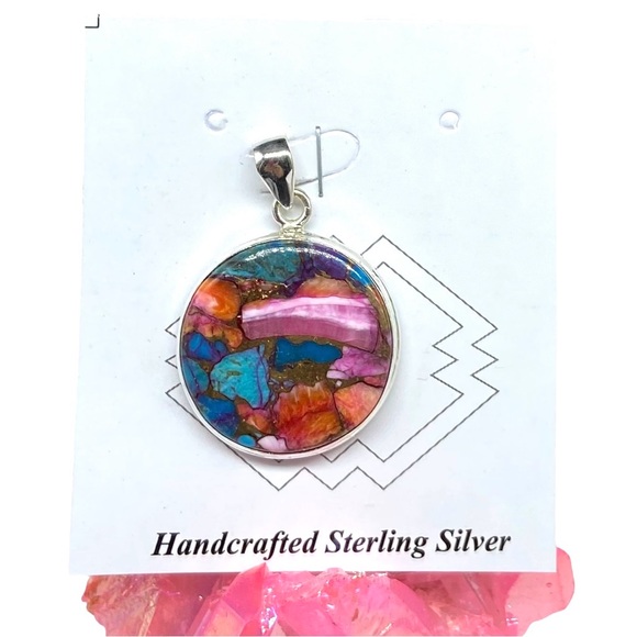 Hand Crafted Jewelry - Kingman Pink Dahlia Turquoise Necklace Pendant Solid Sterling Silver 925 Western